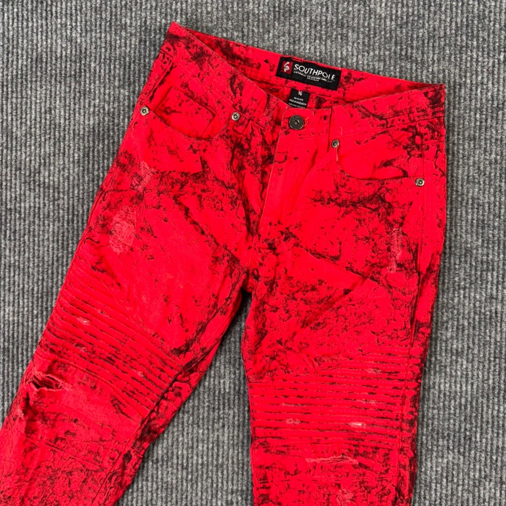 Southpole Youth 16 Jeans Red Black Marble Wash Moto Biker Streetwear Pants